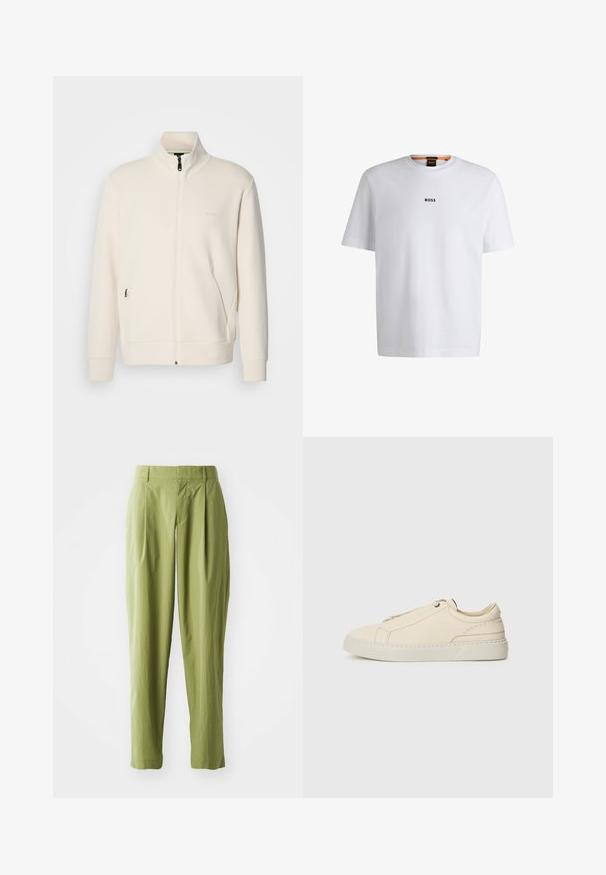 Jakna boje off-white s patentnim zatvaračem, stajaćim ovratnikom, dugim rukavima, bočnim džepovima i suptilnim logotipom "BOSS" na lijevoj strani prsnog koša.; Bijela pamučna majica kratkih rukava, s crnim logotipom "BOSS" centriranim na prsima i okruglim izrezom.; Svijetlozelene hlače izrađene od teksturirane tkanine, s ravnim krojem, nabranim detaljima sprijeda i standardnim pojasom.; Bež kožne tenisice s okruglim vrhom, minimalistički dizajn, suptilni šavovi i teksturirana gornja strana, na svijetloj potplati.