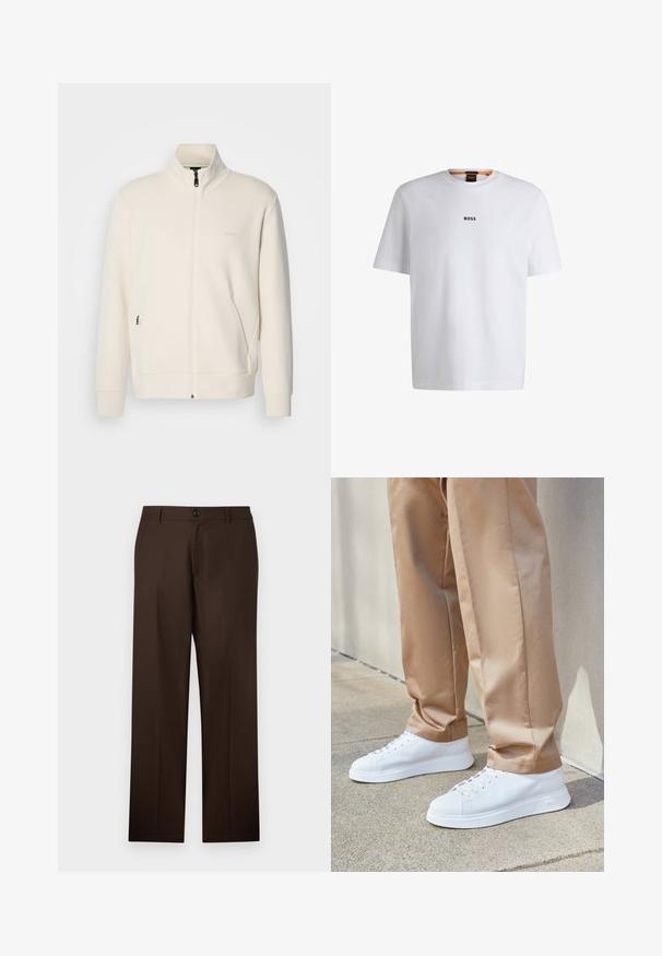 Oficialiai balta zip-up striukė su stovinčia apykakle, ilgomis rankovėmis, šoninėmis kišenėmis ir subtiliu "BOSS" logotipu kairėje krūtinės pusėje.; Balta medvilninė marškinėliai trumpomis rankovėmis, su juodu "BOSS" logotipu, centruotu ant krūtinės, ir apvaliu kaklo dizainu.; Rudi, pritaikyti kelnės su tiesiu sijonu, mygtuko uždarymu ir lygiu audinio tekstūru. Nėra matomų raštų ar akcentų.; Baltos odinės sportbačiai su lygiu paviršiumi, apvaliais pirštais, baltais raišteliais ir minimalistiniu dizainu. Dėvimi su šviesiai rudi, siaurėjančiais kelnais.