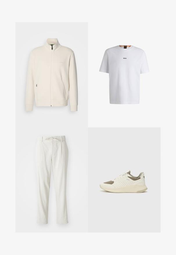 Veste zippée beige clair avec col montant, manches longues, poches latérales et logo "BOSS" discret sur la poitrine gauche.; T-shirt en coton blanc à manches courtes, avec un logo noir "BOSS" centré sur la poitrine et un design à col rond.; Pantalons beige clair à coupe décontractée, taille élastique et plis sur le devant. Fabriqués dans un tissu doux, avec un détail de taille nouée.; Basket de sport blanche et beige clair, avec une tige en maille, des détails perforés et une semelle intermédiaire texturée avec un logo sur le talon.