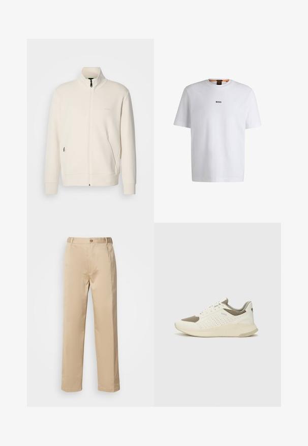 Off-white zip-up jakna s stoječim ovratnikom, dolgimi rokavi, stranskimi žepi in subtilnim logotipom "BOSS" na levem prsnem delu.; Bela bomba iz bombaža s kratkimi rokavi, ki ima črni logotip "BOSS" na sredini prsnega dela in okroglo obliko ovratnika.; Bež hlače iz lahkega materiala, s straight leg krojem, pasom z zankami za pas in enim sprednjim gumbom za zapiranje.; Beli in svetlo bež športni copat, s mrežastim zgornjim delom, perforiranimi detajli in teksturirano srednjim delom z blagovno znamko na peti.