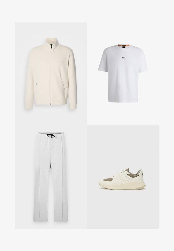 Off-white krūškurvja jaka ar uzacīšu apkakli, garām piedurknēm, sānu kabatām un diskrētu "BOSS" logo uz kreisā krūškurvja.; Balta kokvilnas T-kreklu ar īsām piedurknēm, ar melnu "BOSS" logotipu centrā uz krūšu un apļa formas kakla dizainu.; Pelēki, teksturēti treniņbikses ar melnu auklu jostasvietā. Taisnais griezums ar sānu šuvēm, nav pamanāmu rakstu vai logotipu.; Baltas un gaiši bež sporta apavi, ar sieta augšdaļu, perforētiem detaļām un teksturētu vidusdaļu ar zīmolu uz papēža.