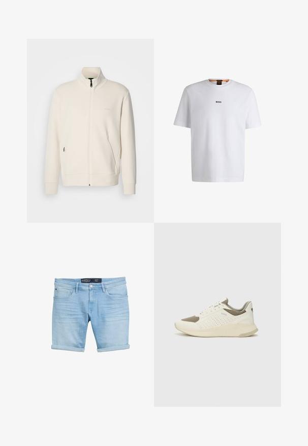 Hosszú ujjú, álló galléros, krémfehér cipzáras dzseki, oldalsó zsebekkel és diszkrét "BOSS" logóval a bal mellrészen.; Fehér pamut póló rövid ujjakkal, középen fekete "BOSS" logóval a mellkason és kerek nyakú kialakítással.; Világoskék farmer sort, felgöngyölt szegéllyel, öt zsebbel és gombos záródással, sima, enyhén megviselt anyagból készült.; Fehér és világos bézs sportcipő, légies hálós felsőrésszel, perforált részletekkel és texturált középtalppal, amelyen a saroknál a márka logója található.