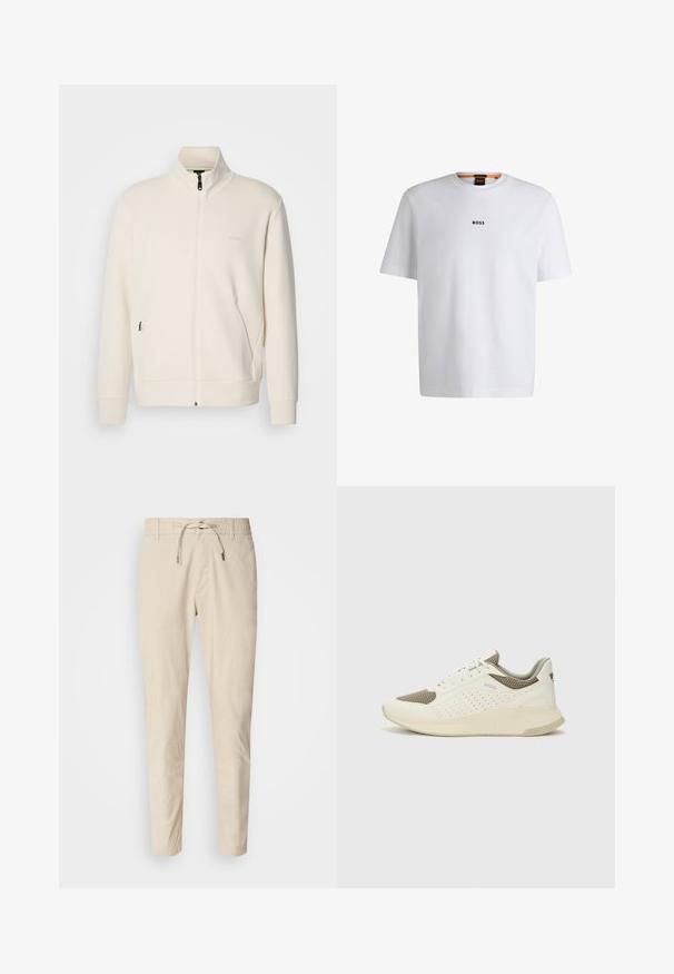 Off-white zip-up jakke med stående krage, lange ermer, sidelommer og diskré "BOSS" logo på venstre bryst.; Hvit bomulls T-skjorte med korte ermer, med en svart "BOSS" logo sentrert på brystet og rund halsdesign.; Lys beige bukser med en glat stofstruktur, elastisk linning og justerbar snor. Tapered ben design. Ingen synlige mønstre.; Hvit og lysebeige treningssko, med en mesh-overdel, perforerte detaljer og en teksturert mellomsåle med merkevare på hælen.