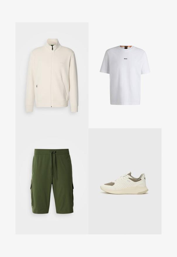 Kreemi värvi lukuga jakk kõrge kraega, pikkade varrukatega, küljetaskutega ja diskreetse "BOSS" logo ka vasakul rinnal.; Valge puuvillane T-särk lühikeste varrukatega, millel on must "BOSS" logo, mis on keskendatud rinnale, ja ümmargune kaelaava disain.; Oliivroheline cargo-lühikene püksid elastse vöökoha, reguleeritava nööriga ja küljetaskutega. Sile kangas, põlve pikkune istuvus.; Valge ja heledat beeži värvi spordijalats, millel on õhuke võrkmaterjal, perforatsioonidega detailid ning tekstuuriga vahetald, millel on brändi logo kannaosas.