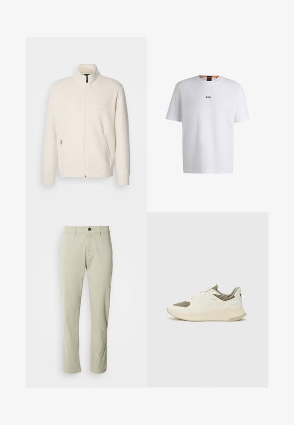 Off-white zip-up jacket with stand collar, long sleeves, side pockets, and subtle "BOSS" logo on the left chest.; White cotton T-shirt with short sleeves, featuring a black "BOSS" logo centered on the chest and a round neck design.; Beige cotton chinos with a straight cut, zipper fly, and a single button closure. Features belt loops and a smooth texture.; White and light beige athletic sneaker, featuring a mesh upper, perforated detailing, and a textured midsole with branding on the heel.