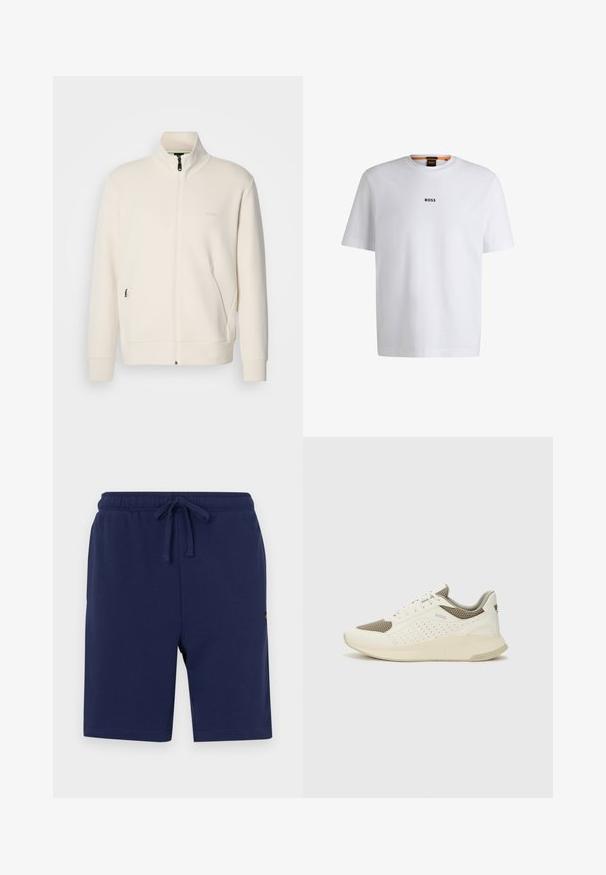 Off-white zip-up jacka med ståkrage, långa ärmar, sidofickor och subtil "BOSS"-logotyp på vänster bröst.; Vit bomull T-shirt med korta ärmar, med en svart "BOSS"-logotyp centrerad på bröstet och en rund nackdesign.; Mörkblå shorts i en mjuk bomullsblandning, med elastisk midja och snörning samt sidofickor.; Vit och ljusbeige atletisk sneaker med ett meshöverdrag, perforerade detaljer och en texturerad mellansula med varumärke på hälen.
