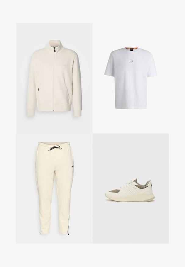 Valkoinen vetoketjullinen takki, jossa on pystykaulus, pitkät hihat, sivutaskut ja huomaamaton "BOSS"-logo vasemmassa rinnassa.; Valkoinen puuvillapaita lyhyillä hihoilla, jossa on musta "BOSS"-logo keskellä rintaa ja pyöreä pääntie.; Vaaleanbeige collegehousut, joissa on elastinen vyötärö ja nyöri, sivutaskut sekä vetoketjulliset lahkeet, jotka antavat kapean istuvuuden.; Valkoinen ja vaaleanbeige urheilukengät, joissa on verkkomateriaali yläosa, rei'itettyjä yksityiskohtia ja teksturoitu välipohja, jossa on brändäys kantapäässä.