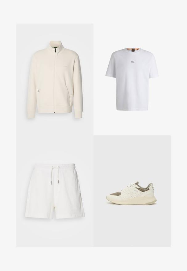 Off-white Zip-Jacke mit Stehkragen, langen Ärmeln, Seitentaschen und dezenter "BOSS"-Logo auf der linken Brust.; Weißes Baumwoll-T-Shirt mit kurzen Ärmeln, ausgestattet mit einem schwarzen "BOSS"-Logo, das mittig auf der Brust platziert ist, und einem runden Halsausschnitt.; Weiße, weiche Baumwollshorts mit einem elastischen Bund, verstellbarem Kordelzug und Seitentaschen. Glatte Textur, lockere Passform und mittellange Beine.; Weiße und hellbeige Sport Sneakers, ausgestattet mit einem Obermaterial aus Netzgewebe, perforierten Details und einer strukturierten Zwischensohle mit Branding an der Ferse.