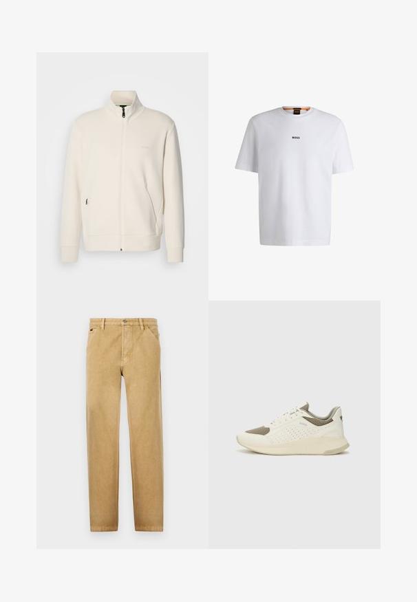 Oficialiai balta zip-up striukė su stovinčia apykakle, ilgomis rankovėmis, šoninėmis kišenėmis ir subtiliu "BOSS" logotipu kairėje krūtinės pusėje.; Balta medvilninė marškinėliai trumpomis rankovėmis, su juodu "BOSS" logotipu, centruotu ant krūtinės, ir apvaliu kaklo dizainu.; Šviesiai rudi chinos tipo kelnės su tiesiomis kojomis, pagamintos iš minkštos medžiagos. Turi priekines kišenes, mygtuko užsegimą ir subtilias siuvimo detales.; Baltas ir šviesiai bežinis sportinis kedas, su tinklo viršumi, perforuotais detalėmis ir tekstūruotu tarpine su logotipu ant kulno.
