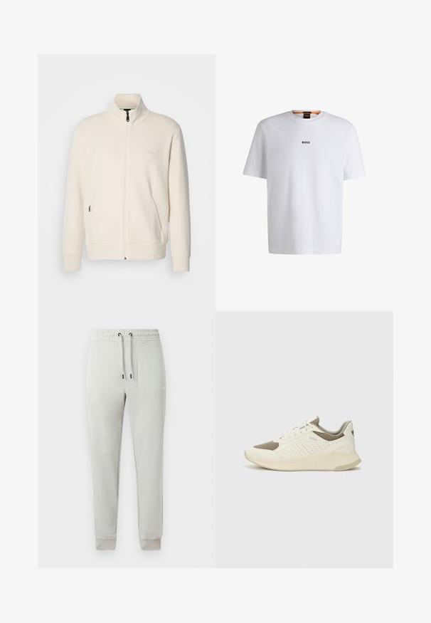Kreemi värvi lukuga jakk kõrge kraega, pikkade varrukatega, küljetaskutega ja diskreetse "BOSS" logo ka vasakul rinnal.; Valge puuvillane T-särk lühikeste varrukatega, millel on must "BOSS" logo, mis on keskendatud rinnale, ja ümmargune kaelaava disain.; Heledatsetud hallid kitsenevad dressipüksid elastse vöörihma, reguleeritava nööriga, mansettidega pahkluudes ja väikese valge logoga paremal reiel.; Valge ja heledat beeži värvi spordijalats, millel on õhuke võrkmaterjal, perforatsioonidega detailid ning tekstuuriga vahetald, millel on brändi logo kannaosas.
