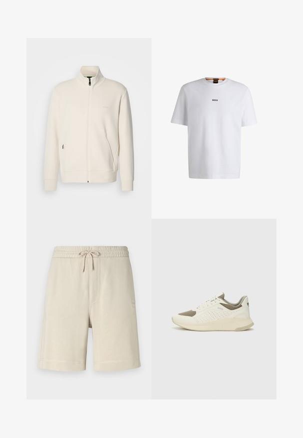 Oficialiai balta zip-up striukė su stovinčia apykakle, ilgomis rankovėmis, šoninėmis kišenėmis ir subtiliu "BOSS" logotipu kairėje krūtinės pusėje.; Balta medvilninė marškinėliai trumpomis rankovėmis, su juodu "BOSS" logotipu, centruotu ant krūtinės, ir apvaliu kaklo dizainu.; BOSS SEWALK - Treningo apatinė dalis - light beige; Baltas ir šviesiai bežinis sportinis kedas, su tinklo viršumi, perforuotais detalėmis ir tekstūruotu tarpine su logotipu ant kulno.
