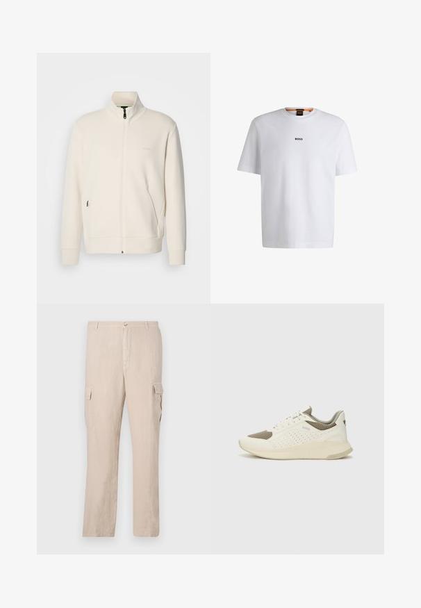 Off-white zip-up jacka med ståkrage, långa ärmar, sidofickor och subtil "BOSS"-logotyp på vänster bröst.; Vit bomull T-shirt med korta ärmar, med en svart "BOSS"-logotyp centrerad på bröstet och en rund nackdesign.; Beiga cargobyxor i linne med två sidofickor, tryckknapplist fram och raka ben med en jämn textur.; Vit och ljusbeige atletisk sneaker med ett meshöverdrag, perforerade detaljer och en texturerad mellansula med varumärke på hälen.