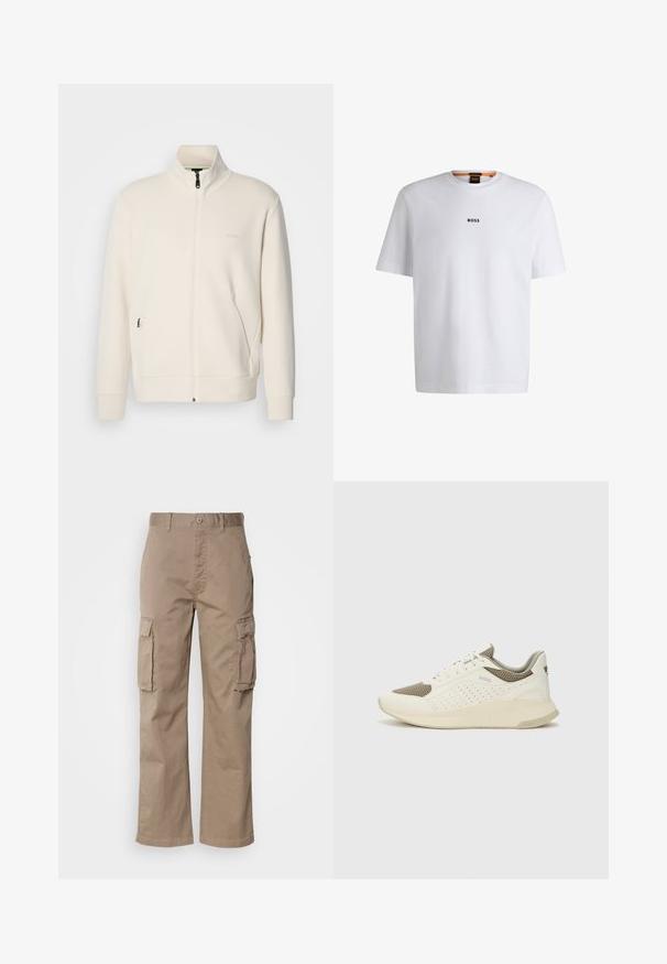 Jakna boje off-white s patentnim zatvaračem, stajaćim ovratnikom, dugim rukavima, bočnim džepovima i suptilnim logotipom "BOSS" na lijevoj strani prsnog koša.; Bijela pamučna majica kratkih rukava, s crnim logotipom "BOSS" centriranim na prsima i okruglim izrezom.; Beige cargo hlače od pamuka, s opuštenim krojem, s dva bočna džepa i zatvaranjem na dugme na struku.; Bijele i svijetlosmeđe sportske tenisice, sa mrežastim gornjim dijelom, perforiranim detaljima i teksturiranim međutrakom sa brendom na peti.
