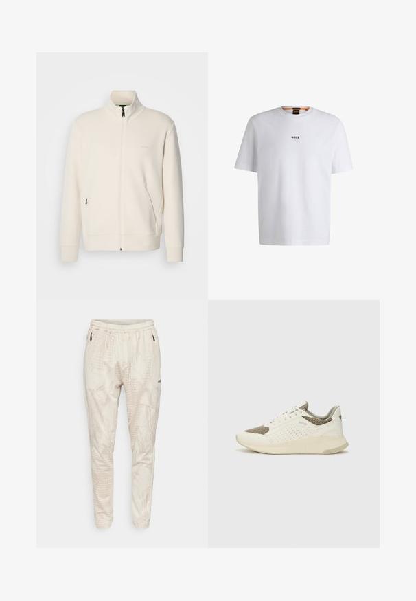 Off-white krūškurvja jaka ar uzacīšu apkakli, garām piedurknēm, sānu kabatām un diskrētu "BOSS" logo uz kreisā krūškurvja.; Balta kokvilnas T-kreklu ar īsām piedurknēm, ar melnu "BOSS" logotipu centrā uz krūšu un apļa formas kakla dizainu.; Kremkrāsas bikses ar smalku ģeometrisku rakstu, elastīgu josta un sānu kabatām. Iezīmētas ar melnu logotipu un sašaurinātu piegriezumu.; Baltas un gaiši bež sporta apavi, ar sieta augšdaļu, perforētiem detaļām un teksturētu vidusdaļu ar zīmolu uz papēža.