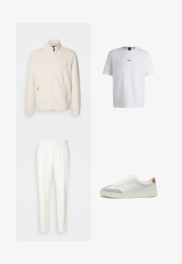 Off-white zip-up jacket with stand collar, long sleeves, side pockets, and subtle "BOSS" logo on the left chest.; White cotton T-shirt with short sleeves, featuring a black "BOSS" logo centered on the chest and a round neck design.; White, tailored trousers with a straight-leg cut, featuring front pleats and a smooth texture. No visible pockets or embellishments.; White leather sneakers with gray suede accents and a tan leather heel tab. Features a textured surface and lightweight sole.