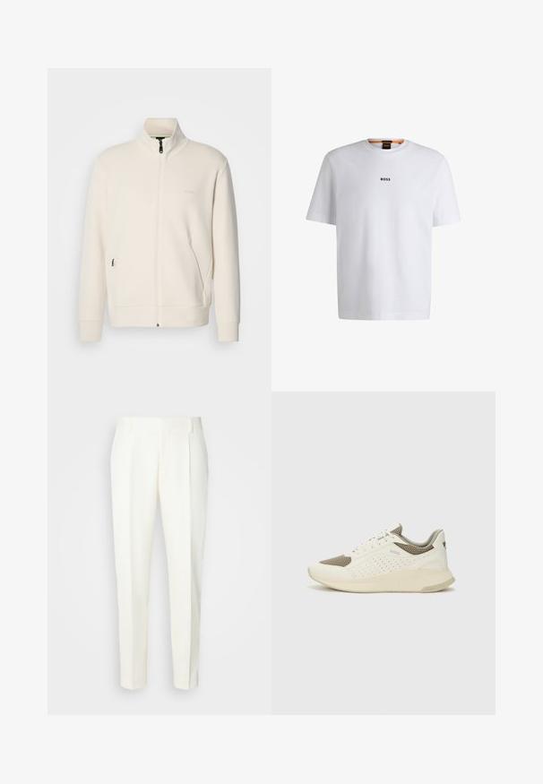 Lysbeige zip-up jakke med ståkrave, lange ærmer, sidelommer og diskret "BOSS" logo på venstre bryst.; Hvid bomuld T-shirt med korte ærmer, med et sort "BOSS" logo centreret på brystet og en rund halsudskæring.; Hvide, skræddersyede bukser med lige ben, der har frontfolder og en glat overflade. Ingen synlige lommer eller udsmykninger.; Hvide og lyse beige sportssko med en mesh-overdel, perforerede detaljer og en tekstureret mellemsål med branding på hælen.