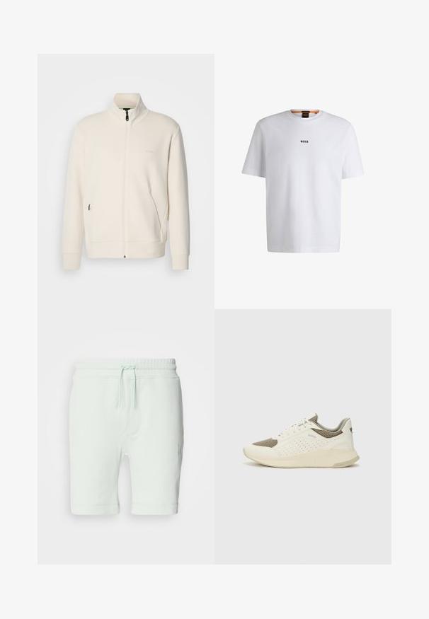Casaco com fecho éclair em tom off-white, com colarinho elevado, mangas longas, bolsos laterais e um discreto logótipo "BOSS" no lado esquerdo do peito.; T-shirt de algodão branca com mangas curtas, apresentando um logo preto "BOSS" centrado no peito e um design de gola redonda.; Calções de algodão verde menta claros com cintura elástica, cordão ajustável, bolsos laterais e detalhe de logotipo na perna direita.; Sapatilha atlética branca e bege claro, com parte superior em malha, detalhes perfurados e uma entressola texturizada com marcação no calcanhar.