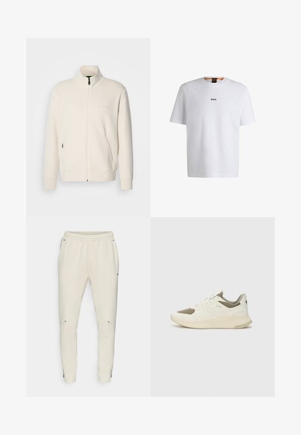 Jakna boje off-white s patentnim zatvaračem, stajaćim ovratnikom, dugim rukavima, bočnim džepovima i suptilnim logotipom "BOSS" na lijevoj strani prsnog koša.; Bijela pamučna majica kratkih rukava, s crnim logotipom "BOSS" centriranim na prsima i okruglim izrezom.; Svijetlosmeđi dukserice s elastičnim pojasom, sa bočnim džepovima i suptilnim patentnim zatvaračima na gležnjevima. Izrađene od mekanog, teksturiranog materijala.; Bijele i svijetlosmeđe sportske tenisice, sa mrežastim gornjim dijelom, perforiranim detaljima i teksturiranim međutrakom sa brendom na peti.