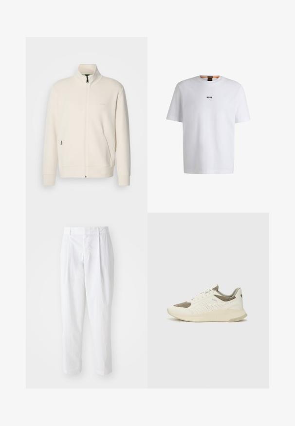 Off-white zip-up jacket with stand collar, long sleeves, side pockets, and subtle "BOSS" logo on the left chest.; White cotton T-shirt with short sleeves, featuring a black "BOSS" logo centered on the chest and a round neck design.; White pleated trousers with a high waist and cropped length, featuring a smooth texture and clean lines. No visible hardware or patterns.; White and light beige athletic sneaker, featuring a mesh upper, perforated detailing, and a textured midsole with branding on the heel.