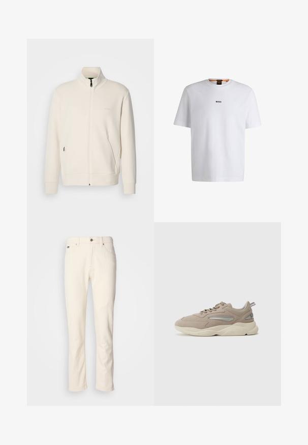 Giacca zip-up bianco sporco con colletto alto, maniche lunghe, tasche laterali e sottile logo "BOSS" sul lato sinistro del petto.; T-shirt bianco in cotone con maniche corte, caratterizzato da un logo nero "BOSS" centrato sul petto e un design con scollo rotondo.; Jeans dritti color panna con chiusura a bottoni, passanti per cintura e tasche frontali su uno sfondo neutro.; Sneaker in suede beige con una finitura texturizzata, caratterizzata da accenti argento, suola spessa color crema e colletto imbottito. I lacci passano attraverso gli occhielli sulla parte superiore.