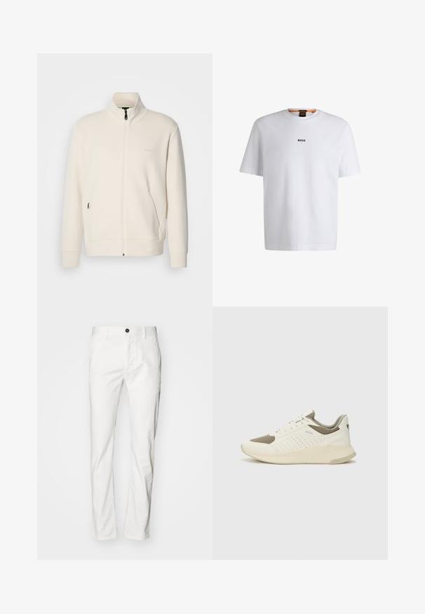 Jakna boje off-white s patentnim zatvaračem, stajaćim ovratnikom, dugim rukavima, bočnim džepovima i suptilnim logotipom "BOSS" na lijevoj strani prsnog koša.; Bijela pamučna majica kratkih rukava, s crnim logotipom "BOSS" centriranim na prsima i okruglim izrezom.; Bijele pamukne hlače ravnog kroja, s kopčanjem na dugme i džepovima, glatke teksture i minimalističkog stila.; Bijele i svijetlosmeđe sportske tenisice, sa mrežastim gornjim dijelom, perforiranim detaljima i teksturiranim međutrakom sa brendom na peti.