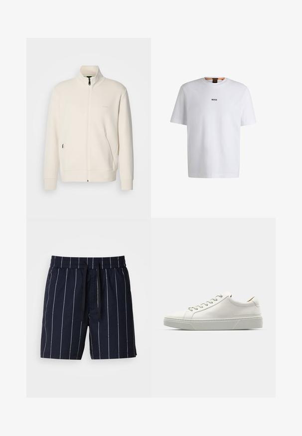 Krémová zipová bunda s vysokým límcem, dlouhými rukávy, bočními kapsami a jemným logem "BOSS" na levé části hrudi.; Bílý bavlněný tričko s krátkým rukávem, se středovým černým logem "BOSS" na hrudi a kulatým výstřihem.; Námořnické plavky s bílými vertikálními pruhy, pružným pasem a nastavitelnou šňůrkou. Vyrobeno z lehkého materiálu.; Bílé kožené tenisky s kulatou špičkou, minimalistickým designem, šedými tkaničkami a strukturovanou šedou gumovou podrážkou. Viditelné jemné prošívání.