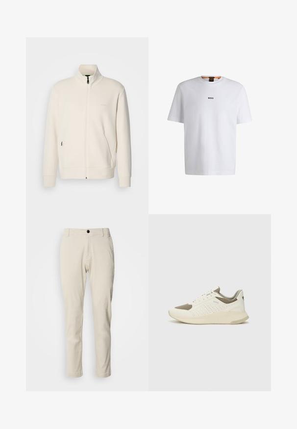 Off-white zip-up jakke med stående krage, lange ermer, sidelommer og diskré "BOSS" logo på venstre bryst.; Hvit bomulls T-skjorte med korte ermer, med en svart "BOSS" logo sentrert på brystet og rund halsdesign.; Beige chinos med rett benklipp, laget av myk bomullsstoff, med glidelås og en enkel svart knappelukking.; Hvit og lysebeige treningssko, med en mesh-overdel, perforerte detaljer og en teksturert mellomsåle med merkevare på hælen.