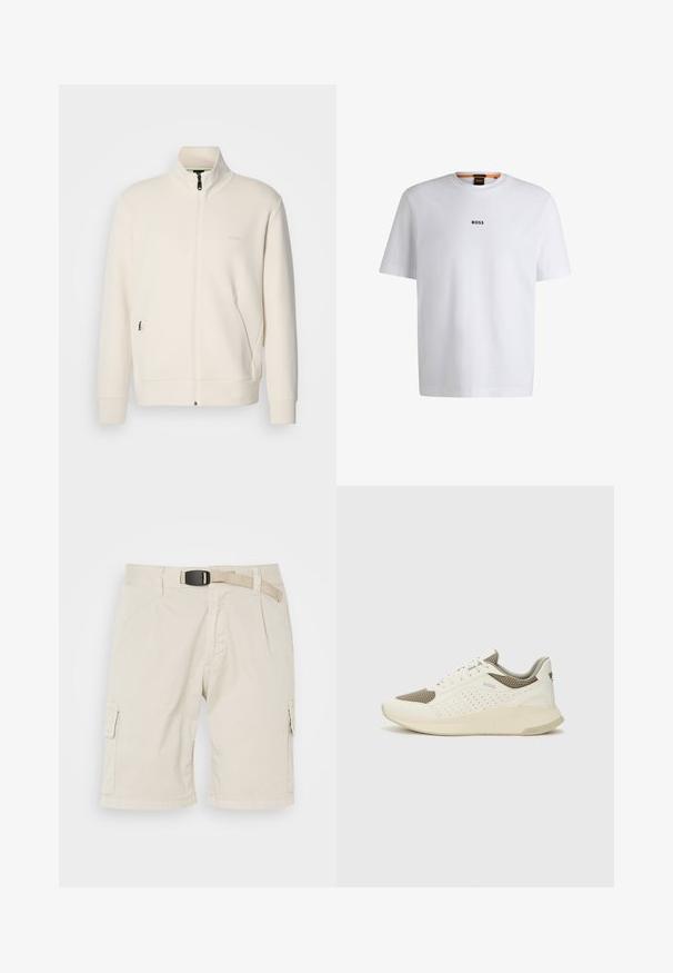 Krémová zipová bunda s vysokým límcem, dlouhými rukávy, bočními kapsami a jemným logem "BOSS" na levé části hrudi.; Bílý bavlněný tričko s krátkým rukávem, se středovým černým logem "BOSS" na hrudi a kulatým výstřihem.; Béžové cargo šortky s plochým předním dílem, poutky na pásek, záhyby, bočními kapsami a texturovanou látkou. Délka dosahuje do poloviny stehna.; Bílé a světle béžové atletické tenisky, které mají síťovaný svršek, perforované detaily a texturovanou mezipodešev s logem na patě.