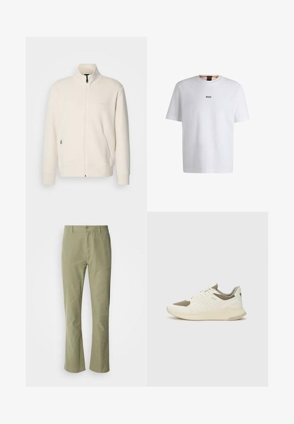 Krémová bunda na zips so stojatým golierom, dlhými rukávmi, bočnými vreckami a jemným logom "BOSS" na ľavej hrudi.; Biela bavlnená tričko s krátkymi rukávmi, na prednej strane so stredne umiestneným čiernym logom "BOSS" a okrúhlym výstrihom.; Svetlozelené bavlnené nohavice s rovnými nohavicami, s predným zapínaním na gombík a jemnou textúrou. bez viditeľných vzorov alebo akcentov.; Biele a svetlo béžové športové tenisky s hornou časťou z mriežkového materiálu, perforovanými detailmi a textúrovanou medzipodrážkou s logom na päte.
