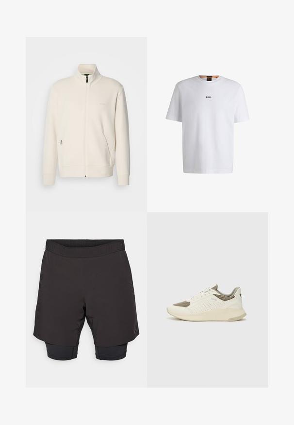 Off-white zip-up jacket with stand collar, long sleeves, side pockets, and subtle "BOSS" logo on the left chest.; White cotton T-shirt with short sleeves, featuring a black "BOSS" logo centered on the chest and a round neck design.; Black athletic shorts with an elastic waistband, featuring a shorter outer layer and a fitted inner layer, made from lightweight fabric.; White and light beige athletic sneaker, featuring a mesh upper, perforated detailing, and a textured midsole with branding on the heel.