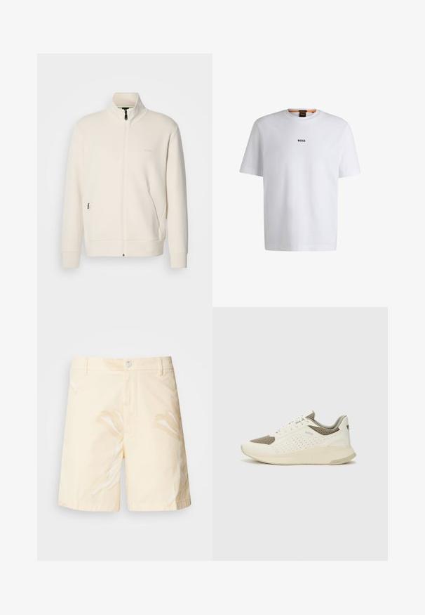 Off-white zip-up jakna s stoječim ovratnikom, dolgimi rokavi, stranskimi žepi in subtilnim logotipom "BOSS" na levem prsnem delu.; Bela bomba iz bombaža s kratkimi rokavi, ki ima črni logotip "BOSS" na sredini prsnega dela in okroglo obliko ovratnika.; Bombažne kratke hlače v bledi rumeni barvi z cvetličnim vzorcem. Imajo zaponko na gumb, sprednje žepke in ravno krojenje z zavihanimi robovi.; Beli in svetlo bež športni copat, s mrežastim zgornjim delom, perforiranimi detajli in teksturirano srednjim delom z blagovno znamko na peti.