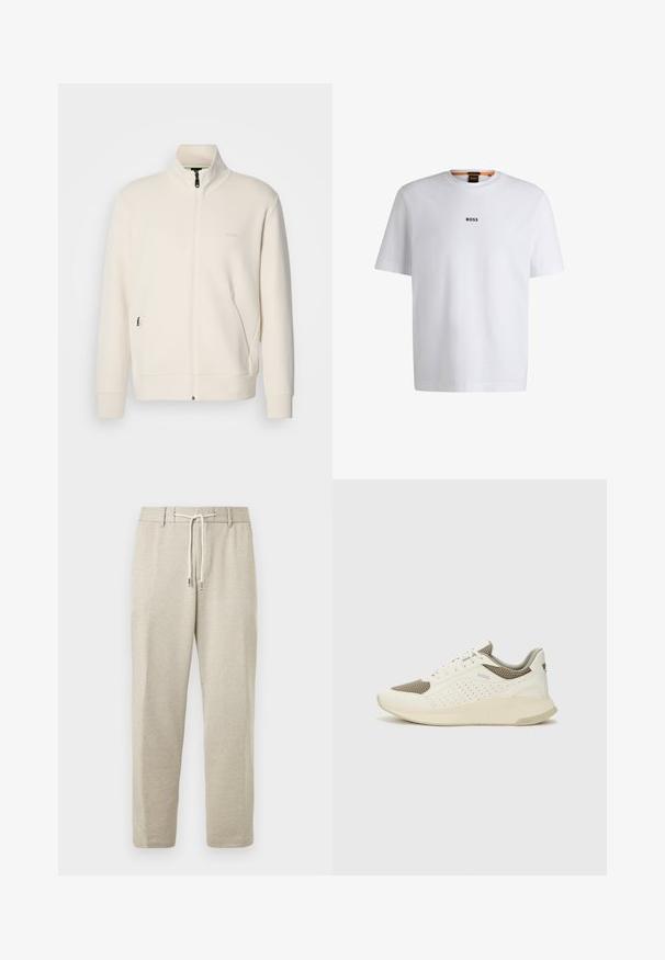 Casaco com fecho éclair em tom off-white, com colarinho elevado, mangas longas, bolsos laterais e um discreto logótipo "BOSS" no lado esquerdo do peito.; T-shirt de algodão branca com mangas curtas, apresentando um logo preto "BOSS" centrado no peito e um design de gola redonda.; Calças desportivas bege claro com cintura elástica, cordão de aperto e punhos nas extremidades, feitas de tecido macio e texturizado.; Sapatilha atlética branca e bege claro, com parte superior em malha, detalhes perfurados e uma entressola texturizada com marcação no calcanhar.