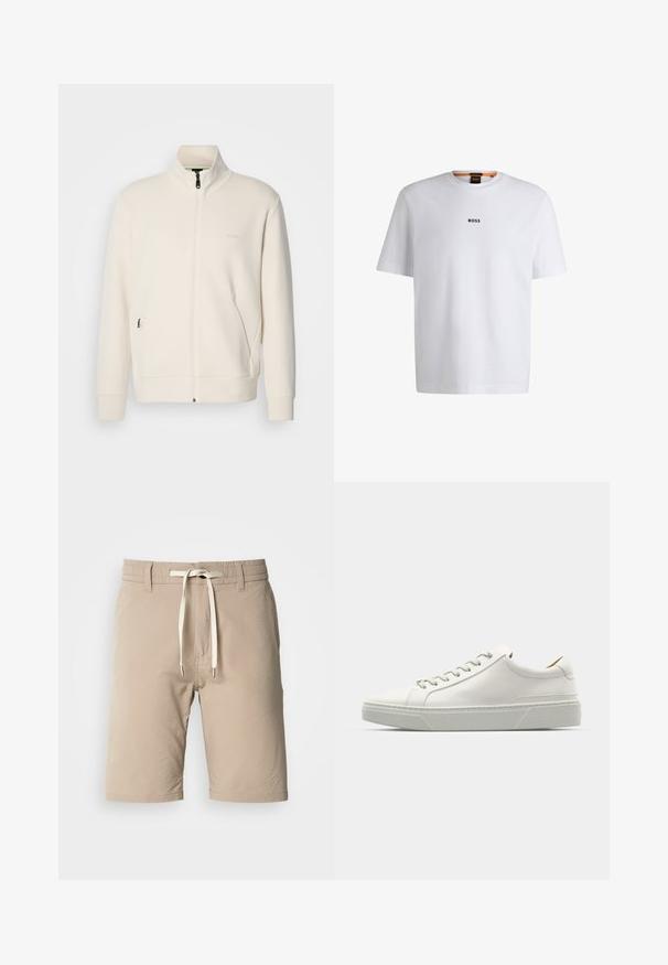Off-white zip-up jacka med ståkrage, långa ärmar, sidofickor och subtil "BOSS"-logotyp på vänster bröst.; Vit bomull T-shirt med korta ärmar, med en svart "BOSS"-logotyp centrerad på bröstet och en rund nackdesign.; Beige shorts tillverkade av textil med struktur, med ett elastiskt midjeband, utrustad med en dragsko och metalldetaljer, med rak skärning och fåll.; Vit läder sneakers med rund tå, minimalistisk design, grå snörning och en texturerad grå gummisula. Subtila sömnadsdetaljer synliga.