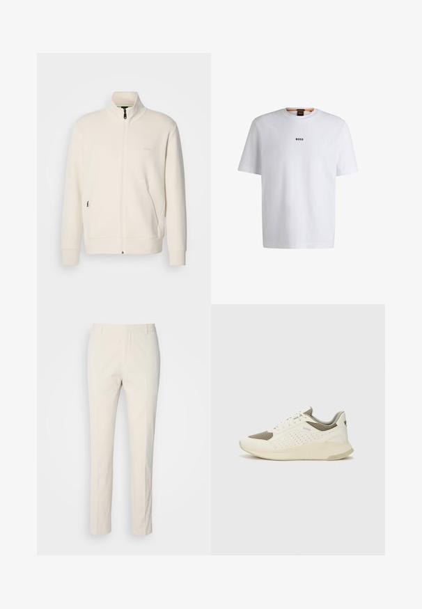 Off-white krūškurvja jaka ar uzacīšu apkakli, garām piedurknēm, sānu kabatām un diskrētu "BOSS" logo uz kreisā krūškurvja.; Balta kokvilnas T-kreklu ar īsām piedurknēm, ar melnu "BOSS" logotipu centrā uz krūšu un apļa formas kakla dizainu.; Kremai krāsas piegrieztas bikses ar teksturētu audumu. Ar taisnu kāju dizainu, jostas cilpām un divām priekšējām kabatām. Bez rakstiem.; Baltas un gaiši bež sporta apavi, ar sieta augšdaļu, perforētiem detaļām un teksturētu vidusdaļu ar zīmolu uz papēža.