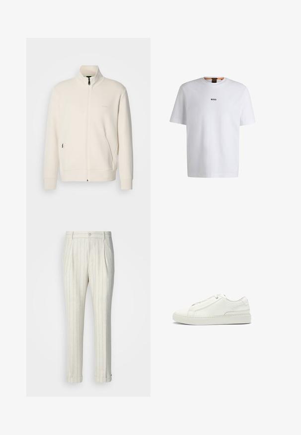 Giacca zip-up bianco sporco con colletto alto, maniche lunghe, tasche laterali e sottile logo "BOSS" sul lato sinistro del petto.; T-shirt bianco in cotone con maniche corte, caratterizzato da un logo nero "BOSS" centrato sul petto e un design con scollo rotondo.; Pantaloni plissettati realizzati in tessuto leggero, con una base crema e sottili righe verticali blu. Orli con risvolto e un unico bottone frontale.; Sneaker bianca in pelle con tomaia testurizzata, punta tonda, design minimalista e suola in gomma con dettagli cuciti.