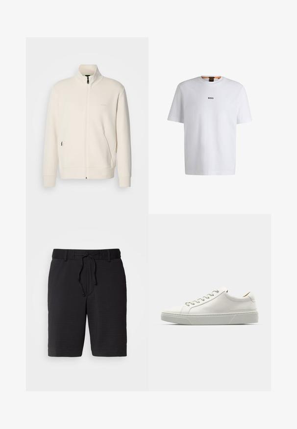 Off-white zip-up jacket with stand collar, long sleeves, side pockets, and subtle "BOSS" logo on the left chest.; White cotton T-shirt with short sleeves, featuring a black "BOSS" logo centered on the chest and a round neck design.; Black shorts with a textured pattern, elastic waistband, and adjustable drawstring for fit. Mid-thigh length, simple design with no visible pockets.; White leather sneaker with a rounded toe, minimalist design, grey laces, and a textured grey rubber sole. Subtle stitching details visible.