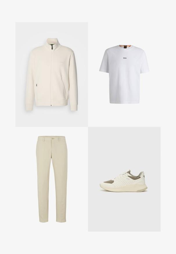Off-white zip-up jacket with stand collar, long sleeves, side pockets, and subtle "BOSS" logo on the left chest.; White cotton T-shirt with short sleeves, featuring a black "BOSS" logo centered on the chest and a round neck design.; Beige tailored trousers with a zip fly, single button closure, and belt loops. Smooth fabric with a straight leg design and no visible patterns.; White and light beige athletic sneaker, featuring a mesh upper, perforated detailing, and a textured midsole with branding on the heel.