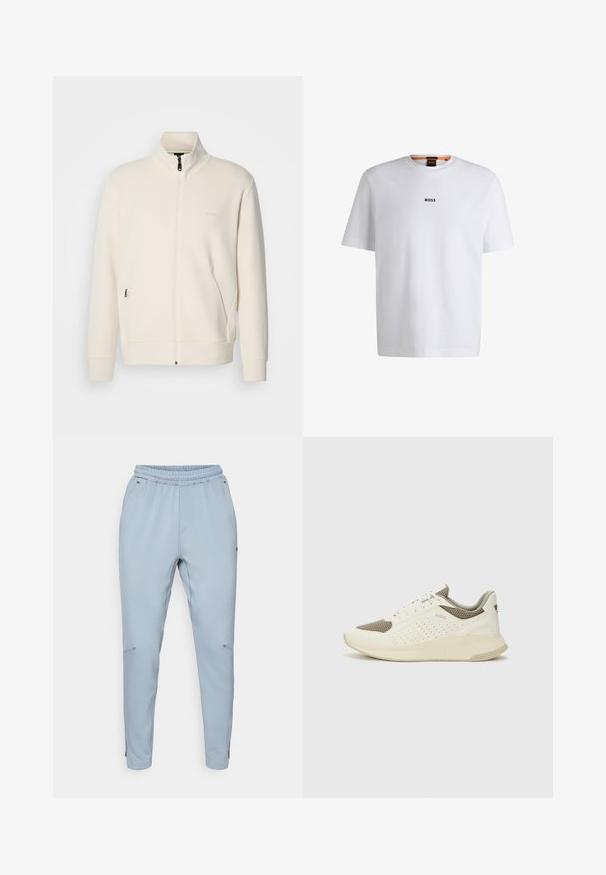 Krémová bunda na zips so stojatým golierom, dlhými rukávmi, bočnými vreckami a jemným logom "BOSS" na ľavej hrudi.; Biela bavlnená tričko s krátkymi rukávmi, na prednej strane so stredne umiestneným čiernym logom "BOSS" a okrúhlym výstrihom.; Svetlomodré jogger nohavice s elastickým pásom, bočnými vreckami a zúženými nohavicami. Vyrobené z mäkkého, ľahkého materiálu.; Biele a svetlo béžové športové tenisky s hornou časťou z mriežkového materiálu, perforovanými detailmi a textúrovanou medzipodrážkou s logom na päte.
