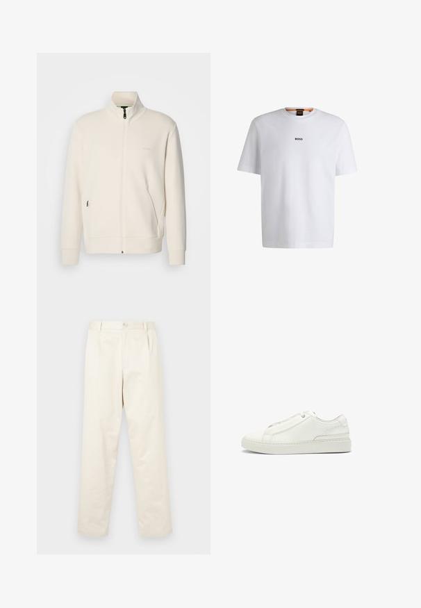 Valkoinen vetoketjullinen takki, jossa on pystykaulus, pitkät hihat, sivutaskut ja huomaamaton "BOSS"-logo vasemmassa rinnassa.; Valkoinen puuvillapaita lyhyillä hihoilla, jossa on musta "BOSS"-logo keskellä rintaa ja pyöreä pääntie.; Vaaleanbeige puuvillachinosit suoranlahkeisella muotoilulla, jossa on napin suljenta ja kaksi sivutaskua. Sileä rakenne ilman näkyviä kuvioita.; Valkoinen nahkakenkä, jossa on teksturoitu yläosa, pyöreä kärki, minimalistinen muotoilu ja kumipohja, jossa on ommeltu yksityiskohta.