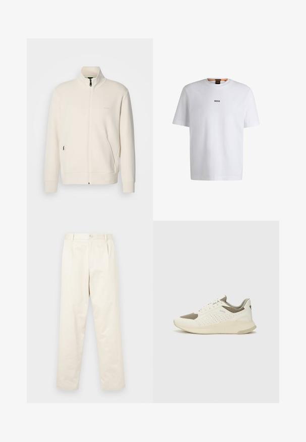Kreemi värvi lukuga jakk kõrge kraega, pikkade varrukatega, küljetaskutega ja diskreetse "BOSS" logo ka vasakul rinnal.; Valge puuvillane T-särk lühikeste varrukatega, millel on must "BOSS" logo, mis on keskendatud rinnale, ja ümmargune kaelaava disain.; Heledad beežist puuvillast chinos püksid sirge lõikega, millel on nupuga sulgemine ja kaks küljetaskut. Sile tekstuur, ilma nähtavate mustriteta.; Valge ja heledat beeži värvi spordijalats, millel on õhuke võrkmaterjal, perforatsioonidega detailid ning tekstuuriga vahetald, millel on brändi logo kannaosas.