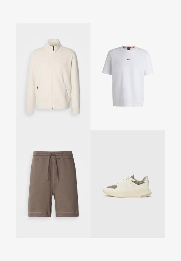 Kurtka zapinana na zamek w kolorze off-white z stójką, długimi rękawami, bocznymi kieszeniami oraz subtelnym logo "BOSS" na lewej piersi.; Biała bawełniana koszulka z krótkim rękawem, z czarnym logo "BOSS" umieszczonym na środku klatki piersiowej oraz okrągłym dekoltem.; Brązowe szorty z mieszanki bawełny z elastycznym paskiem, regulowanym sznurkiem i bocznymi kieszeniami. Posiadają kontrastowe przeszycia oraz naszywkę z logo.; Białe i jasnobeżowe sneakersy sportowe, z siateczkową cholewką, perforowanymi detalami oraz teksturowaną podeszwą śródstopia z brandingiem na pięcie.