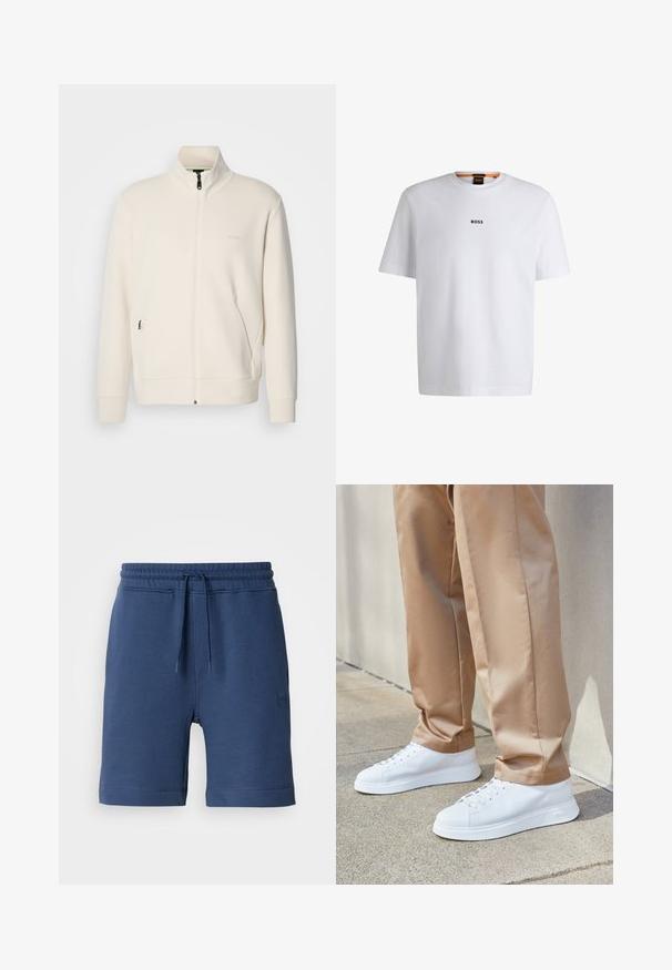 Casaco com fecho éclair em tom off-white, com colarinho elevado, mangas longas, bolsos laterais e um discreto logótipo "BOSS" no lado esquerdo do peito.; T-shirt de algodão branca com mangas curtas, apresentando um logo preto "BOSS" centrado no peito e um design de gola redonda.; Bermudas de algodão azul-marinho com cintura elástica, cordão e bolsos laterais. Apresenta um pequeno patch do logo no lado esquerdo.; Sneskers brancos de couro com um acabamento suave, bicos arredondados, atacadores brancos e um design minimalista. Usados com calças ajustadas de tom castanho claro.