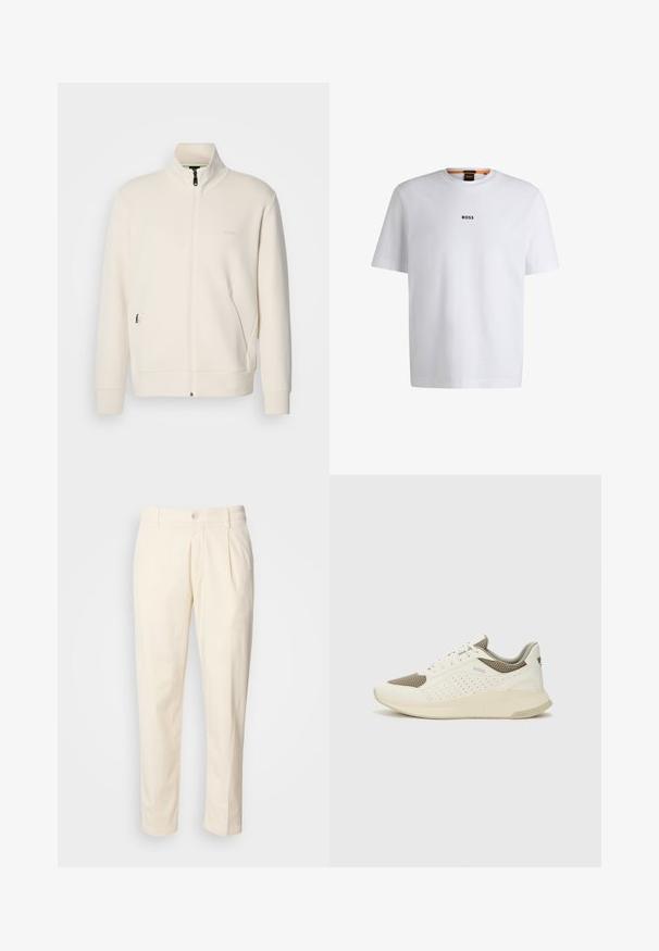 Off-white Zip-Jacke mit Stehkragen, langen Ärmeln, Seitentaschen und dezenter "BOSS"-Logo auf der linken Brust.; Weißes Baumwoll-T-Shirt mit kurzen Ärmeln, ausgestattet mit einem schwarzen "BOSS"-Logo, das mittig auf der Brust platziert ist, und einem runden Halsausschnitt.; Cremfarbene Baumwollhosen mit geradem Bein, featuring Vorderfalten, einen Knopfverschluss und seitliche Taschen. Glatte Textur.; Weiße und hellbeige Sport Sneakers, ausgestattet mit einem Obermaterial aus Netzgewebe, perforierten Details und einer strukturierten Zwischensohle mit Branding an der Ferse.