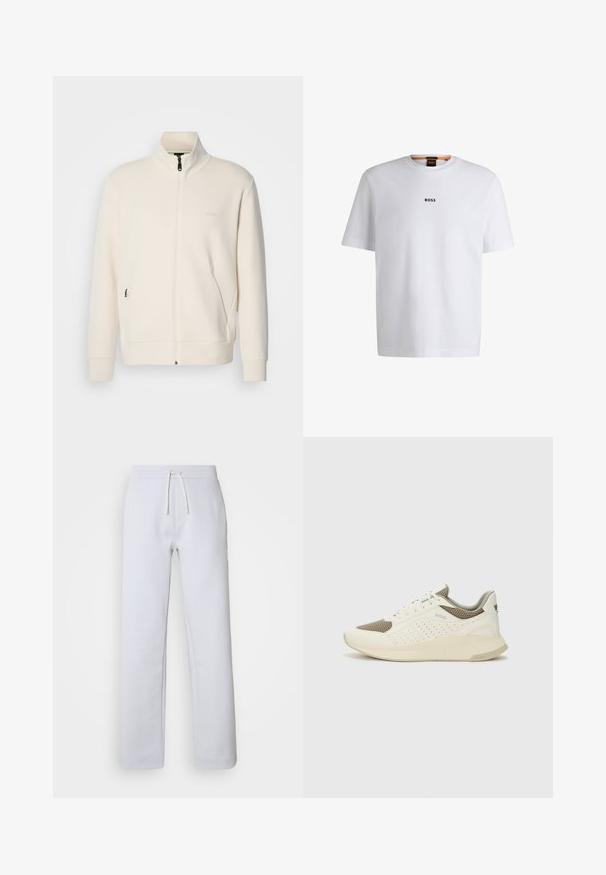 Off-white krūškurvja jaka ar uzacīšu apkakli, garām piedurknēm, sānu kabatām un diskrētu "BOSS" logo uz kreisā krūškurvja.; Balta kokvilnas T-kreklu ar īsām piedurknēm, ar melnu "BOSS" logotipu centrā uz krūšu un apļa formas kakla dizainu.; Gaiši pelēki, taisnu kāju bikses, izgatavotas no mīksta auduma ar elastīgu jostu un auklu. Tām ir sānu kabatas un pamanāma svītru tekstūra.; Baltas un gaiši bež sporta apavi, ar sieta augšdaļu, perforētiem detaļām un teksturētu vidusdaļu ar zīmolu uz papēža.