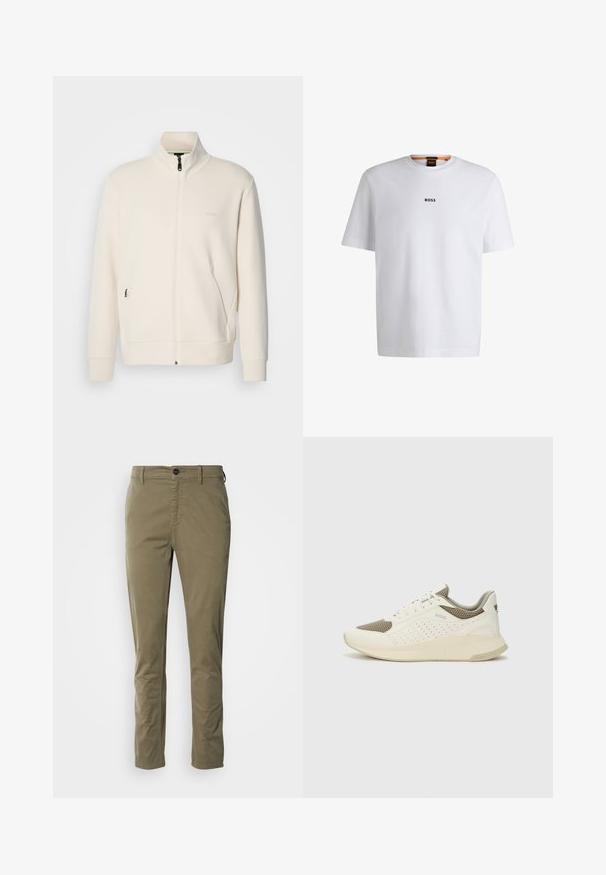 Ζακέτα σε off-white απόχρωση με κλείσιμο φερμουάρ, όρθιο γιακά, μακριά μανίκια, πλάγιες τσέπες και διακριτό λογότυπο "BOSS" στο αριστερό στήθος.; Λευκό βαμβακερό t-shirt με κοντά μανίκια, με μαύρο λογότυπο "BOSS" κεντραρισμένο στο στήθος και στρογγυλό σχέδιο λαιμόκοψης.; Ελιά πράσινα chinos κατασκευασμένα από βαμβάκι με απαλή υφή. Διαθέτουν κλείσιμο με κουμπί, πλάγιες τσέπες και λεπτή γραμμή.; Λευκό και ανοιχτό μπεζ αθλητικό παπούτσι, με επάνω μέρος από διχτυωτό υλικό, διακοσμήσεις με περφορέ και υφή στην ενδιάμεση σόλα με επωνυμία στη φτέρνα.