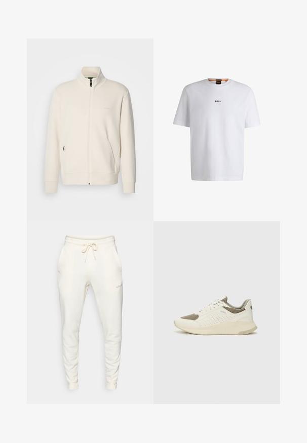 Off-white Zip-Jacke mit Stehkragen, langen Ärmeln, Seitentaschen und dezenter "BOSS"-Logo auf der linken Brust.; Weißes Baumwoll-T-Shirt mit kurzen Ärmeln, ausgestattet mit einem schwarzen "BOSS"-Logo, das mittig auf der Brust platziert ist, und einem runden Halsausschnitt.; Weiße Sweatpants aus weichem Material, mit einem elastischen Bund und Kordelzug, Seitentaschen und gerippten Bündchen.; Weiße und hellbeige Sport Sneakers, ausgestattet mit einem Obermaterial aus Netzgewebe, perforierten Details und einer strukturierten Zwischensohle mit Branding an der Ferse.