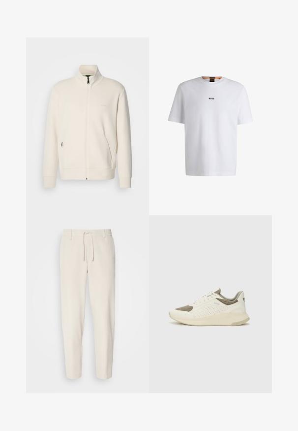 Veste zippée beige clair avec col montant, manches longues, poches latérales et logo "BOSS" discret sur la poitrine gauche.; T-shirt en coton blanc à manches courtes, avec un logo noir "BOSS" centré sur la poitrine et un design à col rond.; Pantalons beige clair avec une coupe fuselée, taille élastique et cordon de serrage. Tissu lisse avec poches latérales et ourlets cousus.; Basket de sport blanche et beige clair, avec une tige en maille, des détails perforés et une semelle intermédiaire texturée avec un logo sur le talon.