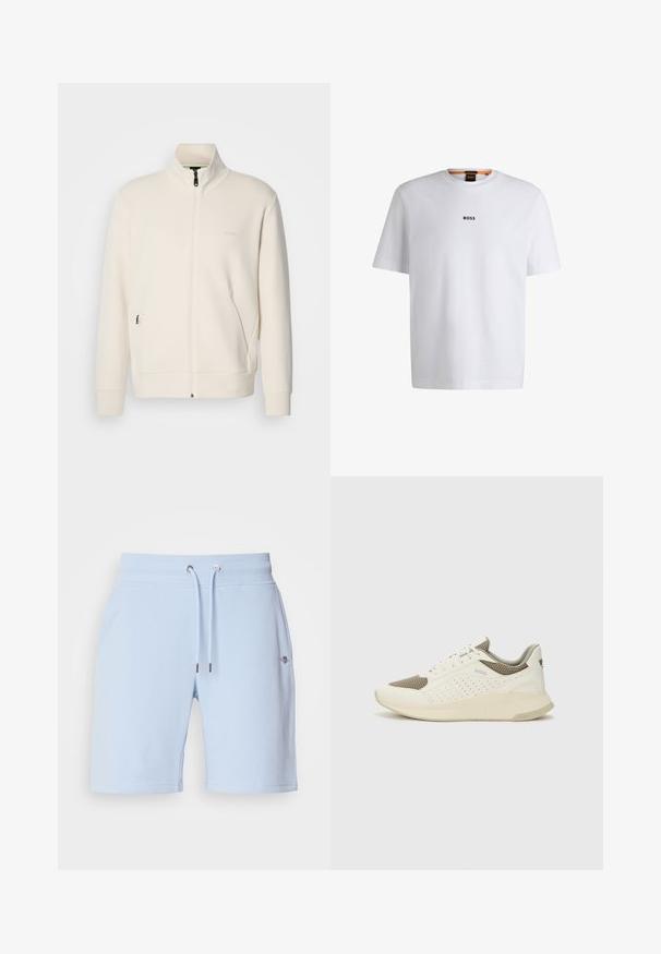 Off-white zip-up jakna s stoječim ovratnikom, dolgimi rokavi, stranskimi žepi in subtilnim logotipom "BOSS" na levem prsnem delu.; Bela bomba iz bombaža s kratkimi rokavi, ki ima črni logotip "BOSS" na sredini prsnega dela in okroglo obliko ovratnika.; Svetlo modri kratki hlače iz mehkega materiala, z elastičnim pasom in vrvico ter majhnim logotipom spredaj.; Beli in svetlo bež športni copat, s mrežastim zgornjim delom, perforiranimi detajli in teksturirano srednjim delom z blagovno znamko na peti.