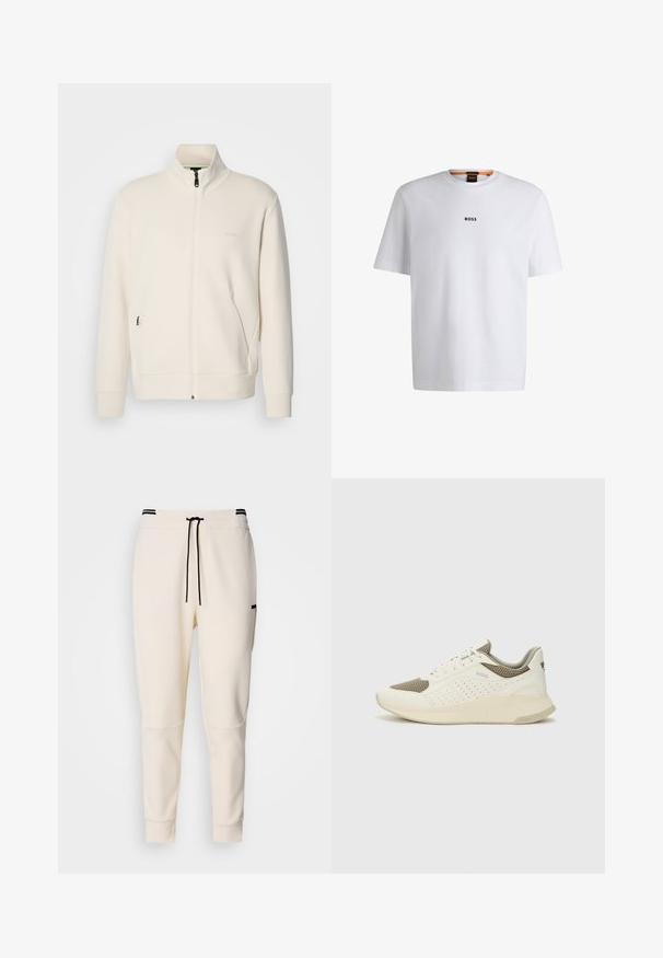 Lysbeige zip-up jakke med ståkrave, lange ærmer, sidelommer og diskret "BOSS" logo på venstre bryst.; Hvid bomuld T-shirt med korte ærmer, med et sort "BOSS" logo centreret på brystet og en rund halsudskæring.; Cremefarvede joggerbukser med elastisk talje og snøre, sorte detaljer, smalle ben og sidelommer.; Hvide og lyse beige sportssko med en mesh-overdel, perforerede detaljer og en tekstureret mellemsål med branding på hælen.