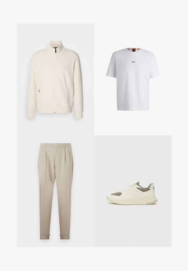 Off-white zip-up jack met staande kraag, lange mouwen, zijzakken en een subtiele "BOSS" logo op de linkerborst.; Witte katoenen T-shirt met korte mouwen, voorzien van een zwart "BOSS"-logo in het midden van de borst en een ronde halsontwerp.; Beige geplisseerde broek met een zachte textuur, voorzien van een sluiting met een knoop aan de voorkant en omgerolde zoom. Getailleerde pasvorm en recht model.; Witte en lichtbeige sport sneaker, met een bovenwerk van mesh, geperforeerde details en een gestructureerde tussenzool met branding op de hiel.